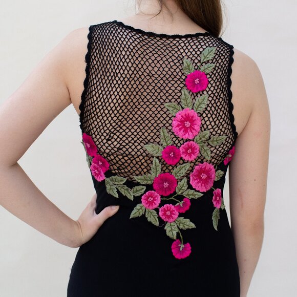 Vintage Cache 90s Midi Dress Silk Salsa Asymmetrical Fringe Tassel Rose Applique - Picture 7 of 15